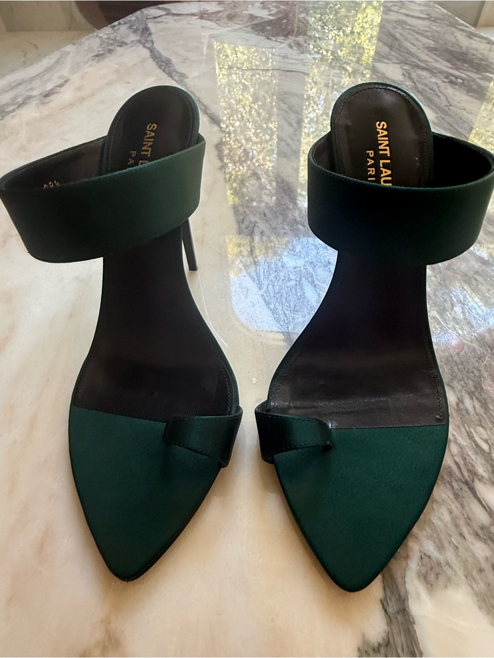 Saint Laurent Green Satin Ankle-Strap Pointed Toe Heels
